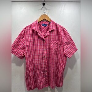 Karen Scott Sport Pink & Navy Classic Cotton Plaid Short Sleeve Shirt size XL